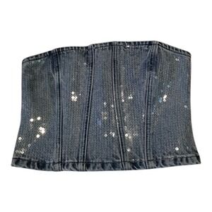 GRLFRND Lindsi Lane‎ Denim Jean Bustier Top XS Blue Sequined Strapless Cropped